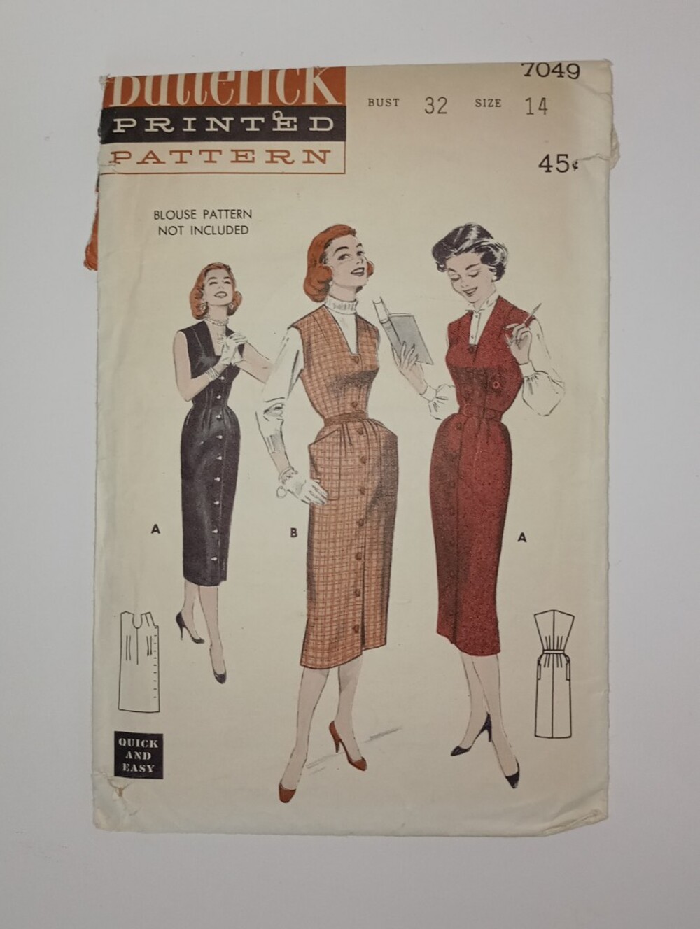 Butterick #7049 Sewing Pattern Bust 32 Size 14 Fitted Buttoned Sleeveless Dress
